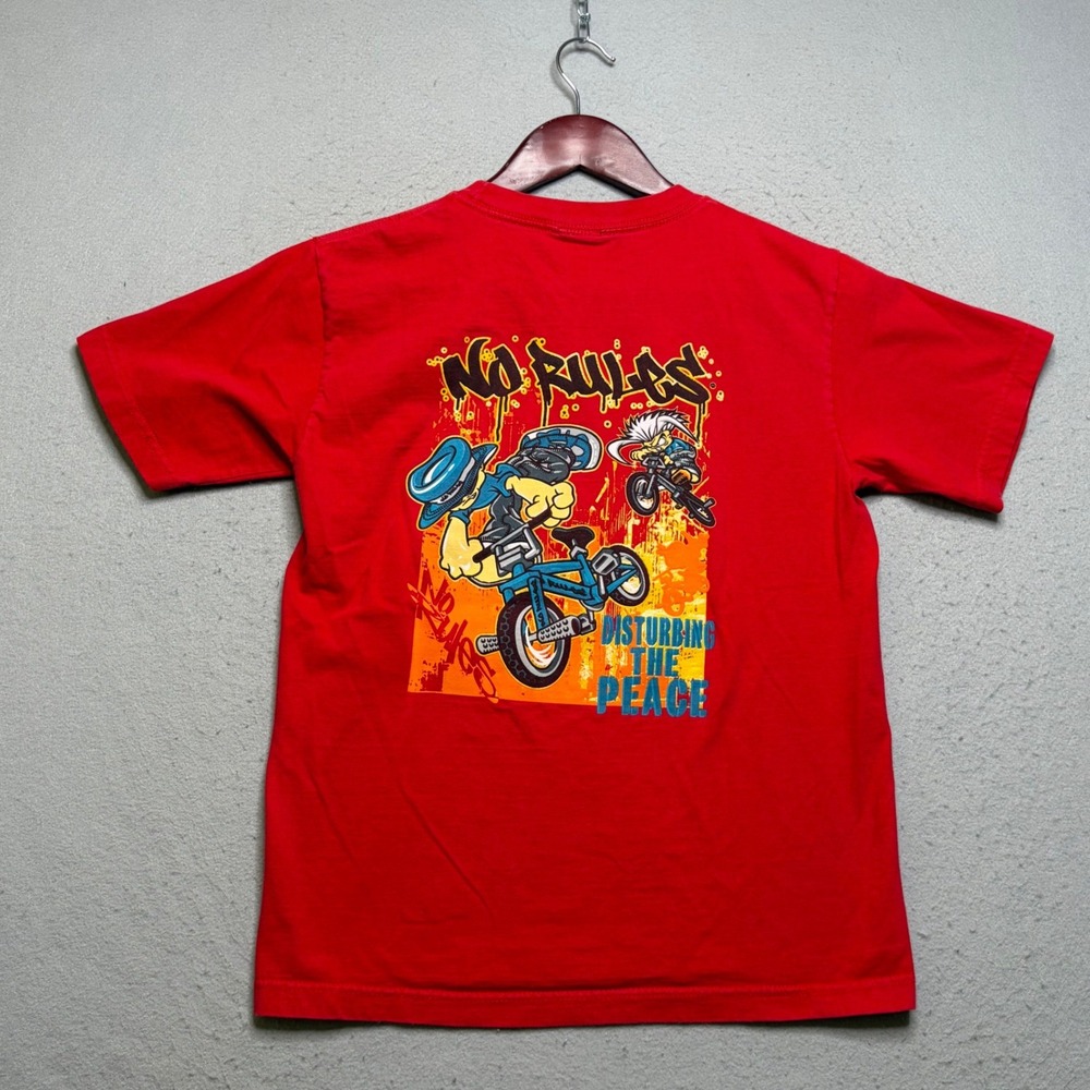 No Rules Graphic T-Shirt Kids Large Red Disturbing the Peace BMX Y2K Made in USA